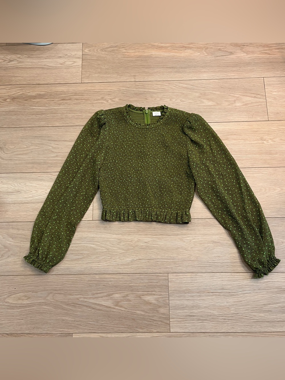 Wilfred Green Brown Smocked Puff Sleeve Cropped Blouse Size S
